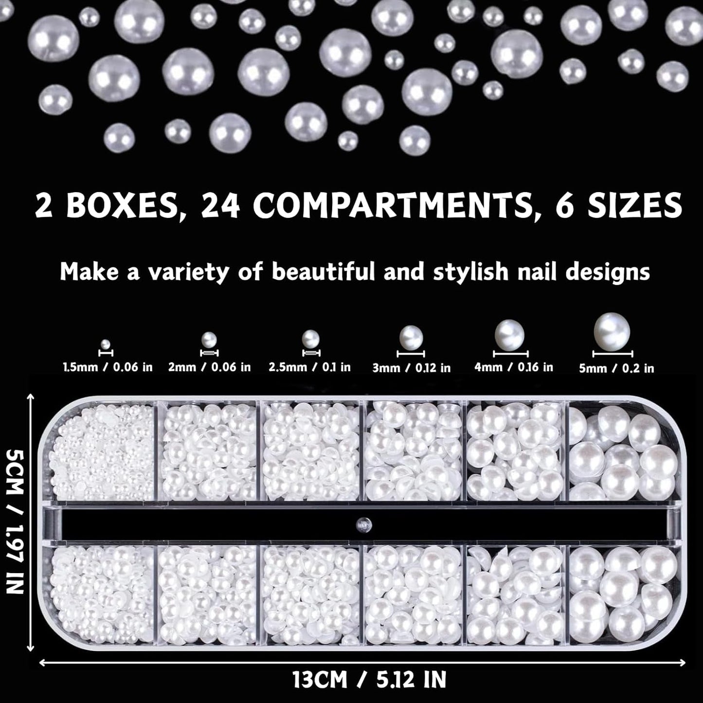 12 Größen Nail Art Perlen, Flache Perlen, Nail Art Accessoires, Halbkreis Nagelperlen, Weiße Nail Charms Und Glitzersteine ​​Nägel Für Nail Art Design, DIY Basteln, Alltag, Hochzeit (2 lådor)