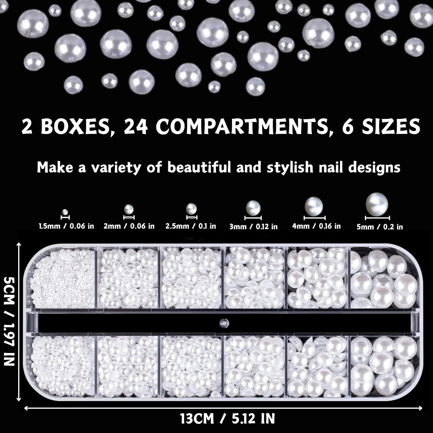 12 Größen Nail Art Perlen, Flache Perlen, Nail Art Accessoires, Halbkreis Nagelperlen, Weiße Nail Charms Und Glitzersteine ​​Nägel Für Nail Art Design, DIY Basteln, Alltag, Hochzeit (2 lådor)