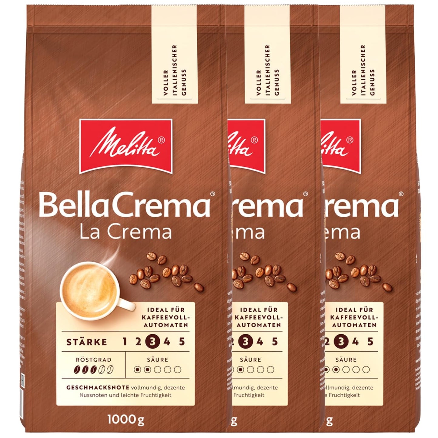 3 Melitta BellaCrema La Crema kaffebönor, medelrostade, 1 kg styck