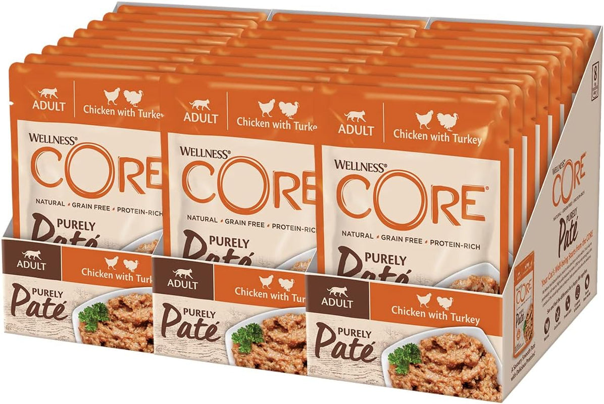 Wellness CORE Purely Paté 24 x 85g, Kyckling och Kalkon - Våtfoder för katter, fin paté, spannmålsfri, naturlig, allergivänlig, proteinrik, hög i kött