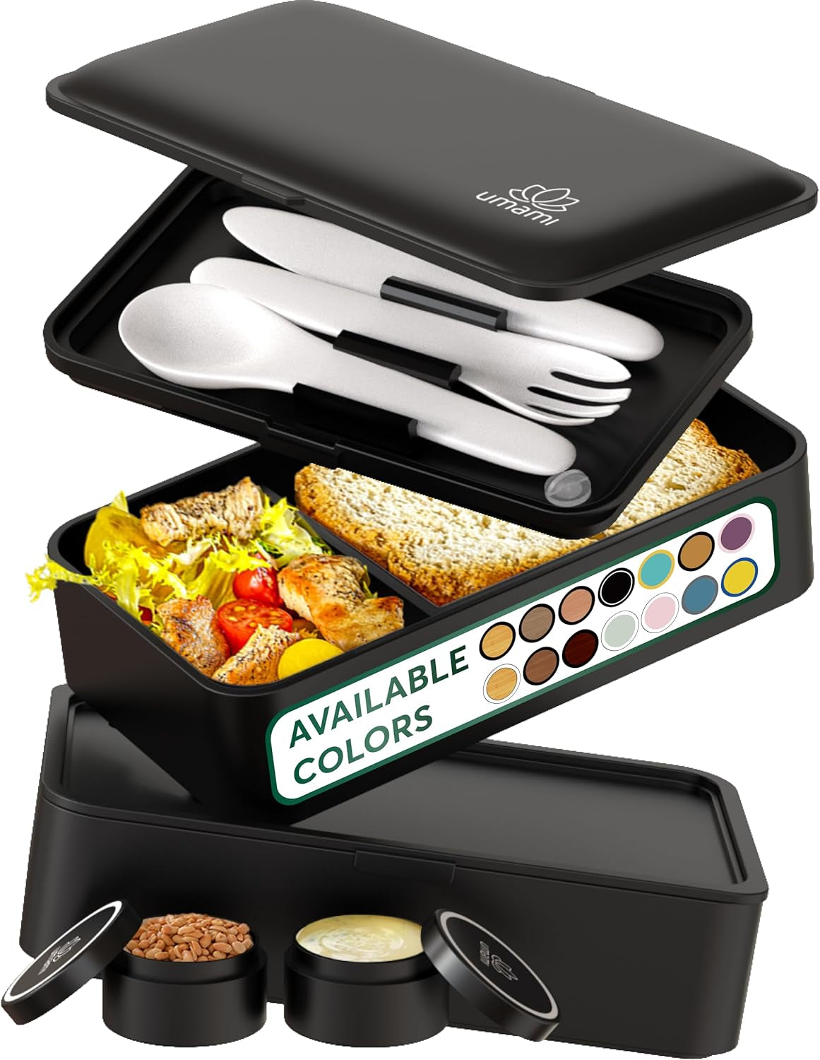 Umami Lunchbox för vuxna, Stapelbar Bento-låda med 4 bestick och fack, Vuxen Lunchbox, To-go-salladsbehållare, Picknick-/kontorslunchlåda, Kolgrå, 1500ml Naty Shop Matförvaringslådor Mattsvart L - 1200 Ml