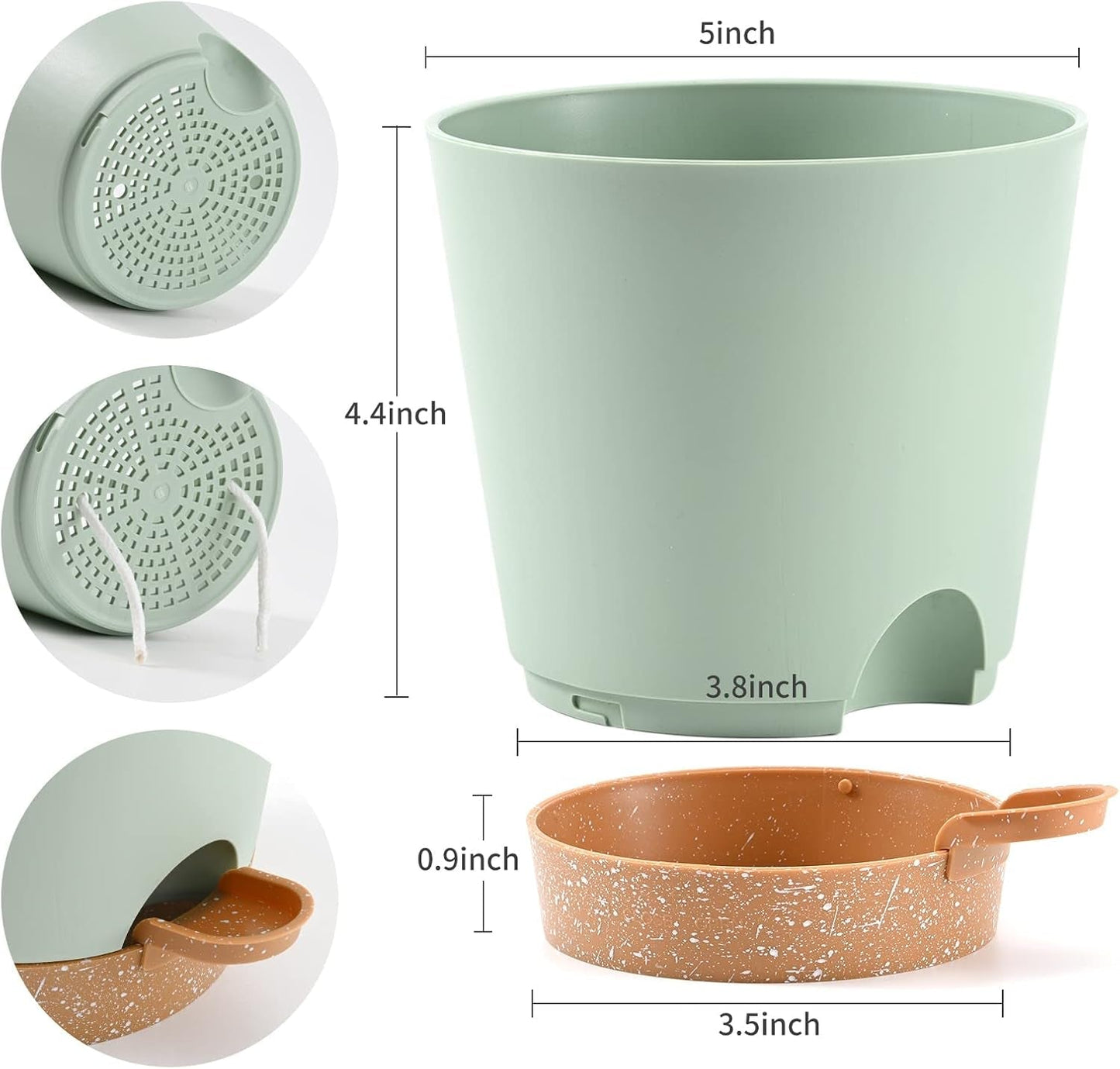 Blomkruka 6 st 12,7 cm självbevattnande planteringskruka Högdränerande inomhus utomhusblomkruka med reservoarbricka och vattningskant Trädgårdskruka Trädgård