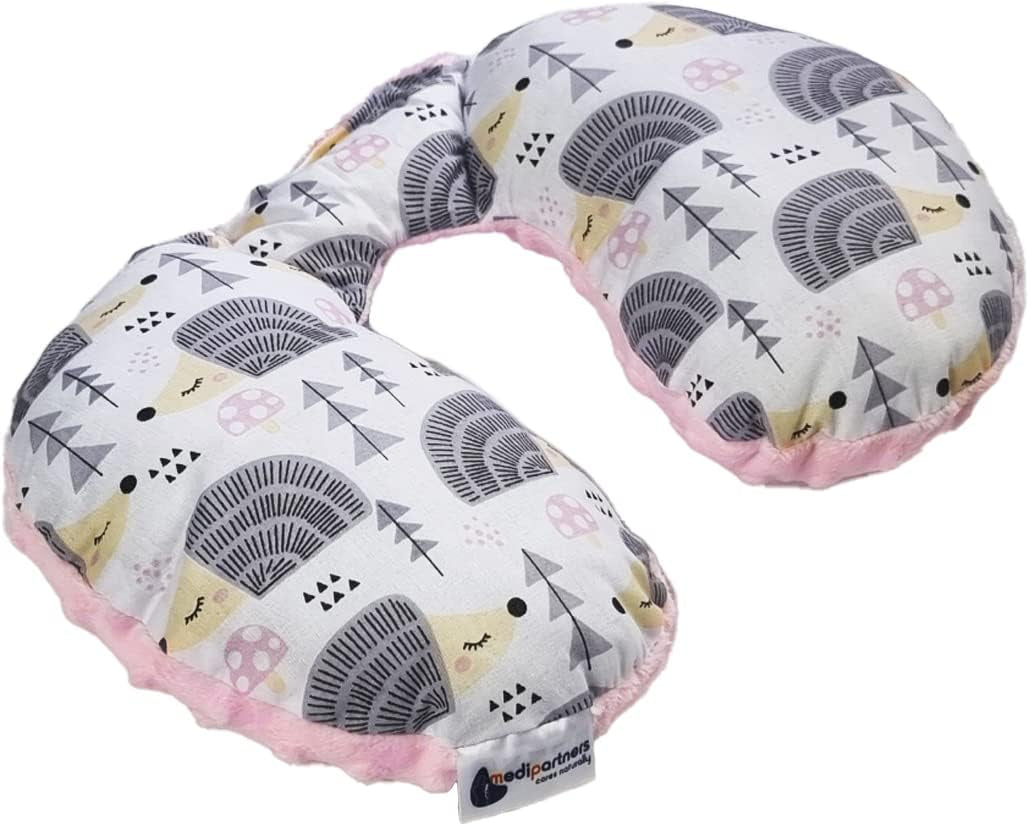 Medi Partners Baby Nackkudde Nackstöd 100% Bomull / Minky Baby Nackkudde för bilvagn Resor Sömn Nackkudde Snooze Roll (REH med Grå Minky) Cervikala ortopediska kuddar Naty Shop Hedgehog Grå med Minky Ljusrosa