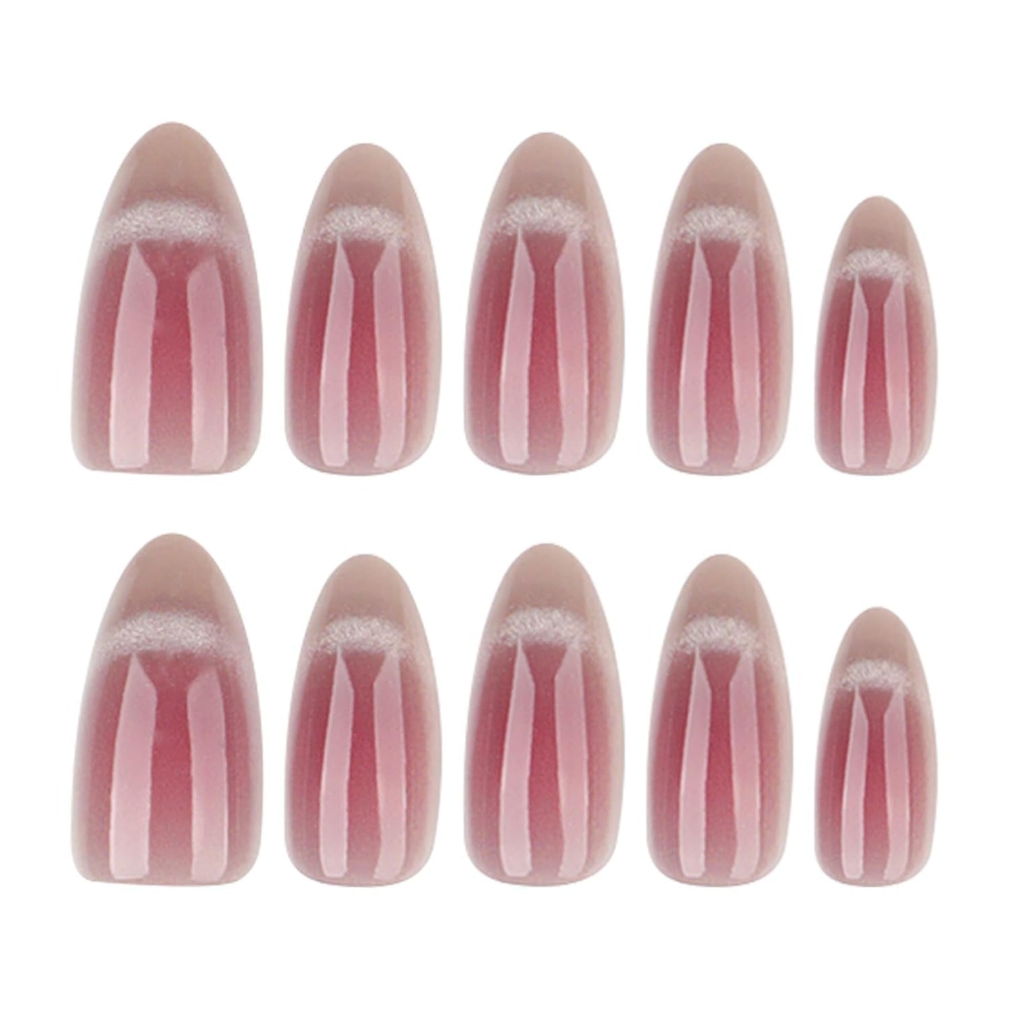Moonglow korta magnetiska lösnaglar, rosa mandelröd gradient glitter kattöga med lim, rosa röd ombre glitter fototerapi konstgjorda naglar för kvinnor och flickor