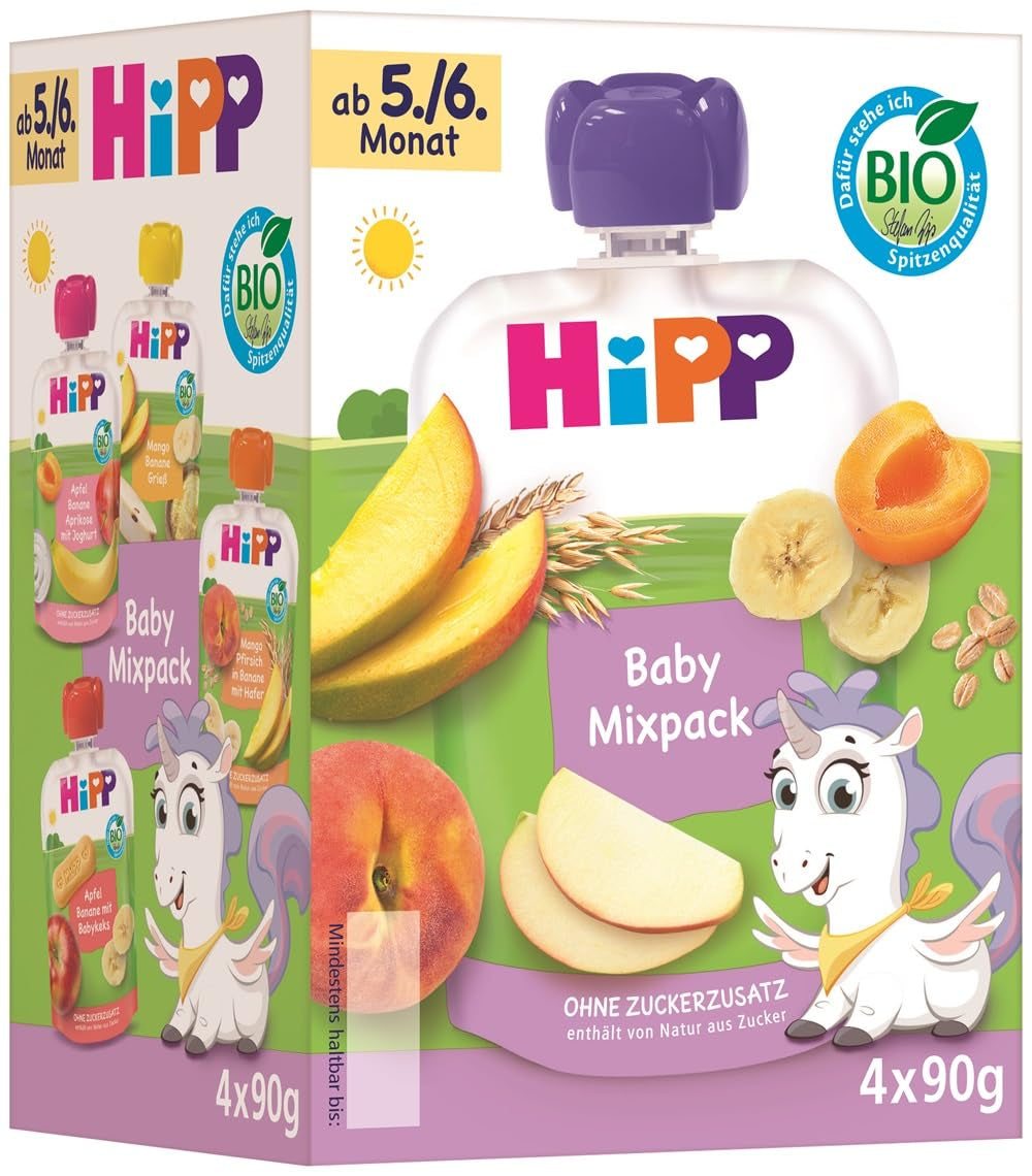 HiPP Organic Squeeze-påsar, blandat paket, 16 stycken (4 förpackningar om 4 x 90 g vardera), för spädbarn 5/6 månader, fyra läckra smaker, utan tillsatt socker, bästa ekologiska kvalitet
