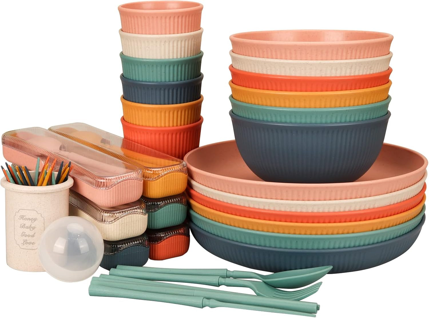 Oförstörbart 6-personers bestickset Campingbestickset 66 delar plast picknickbestickset Lättvikts färgglada BBQ Plast portionstallrikar Skålar Bestickset
