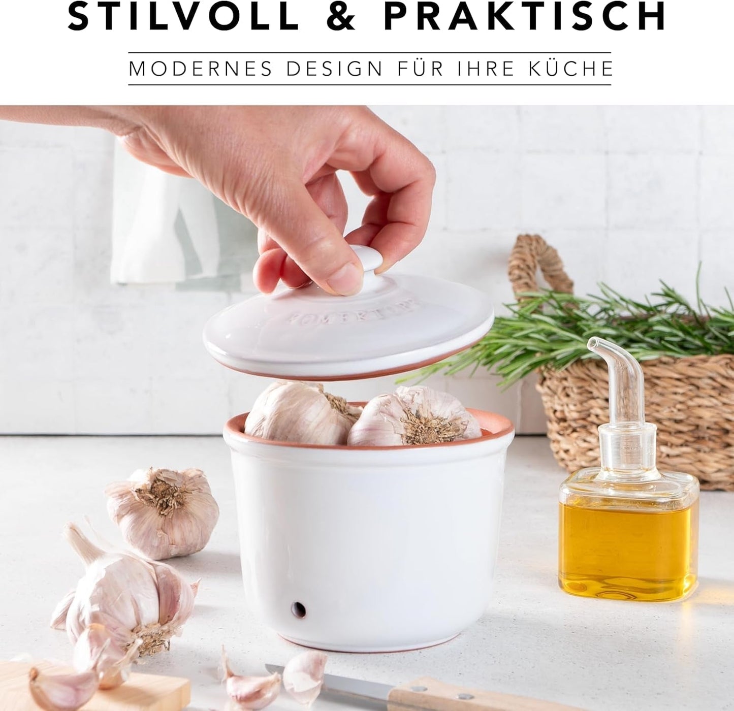 Römertopf Fresh Pot MINI 0,6 liter - Keramisk vitlökskruka - Andningsbar lera håller grönsaker fräscha längre - Idealisk luftcirkulation - Vita matförvaringslådor Naty Shop
