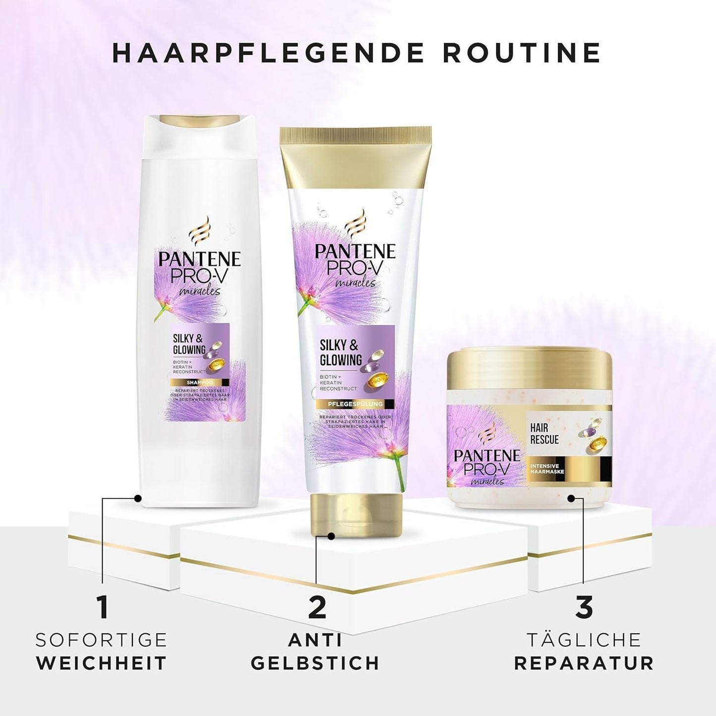 Pantene Pro-V Silky & Glowing Hair Rescue intensiv hårmask med Biotin och Keratin Reconstruct 300ml. Hjälper till att reparera torrt, skadat eller markerat hår Naty Shop Hair Mask