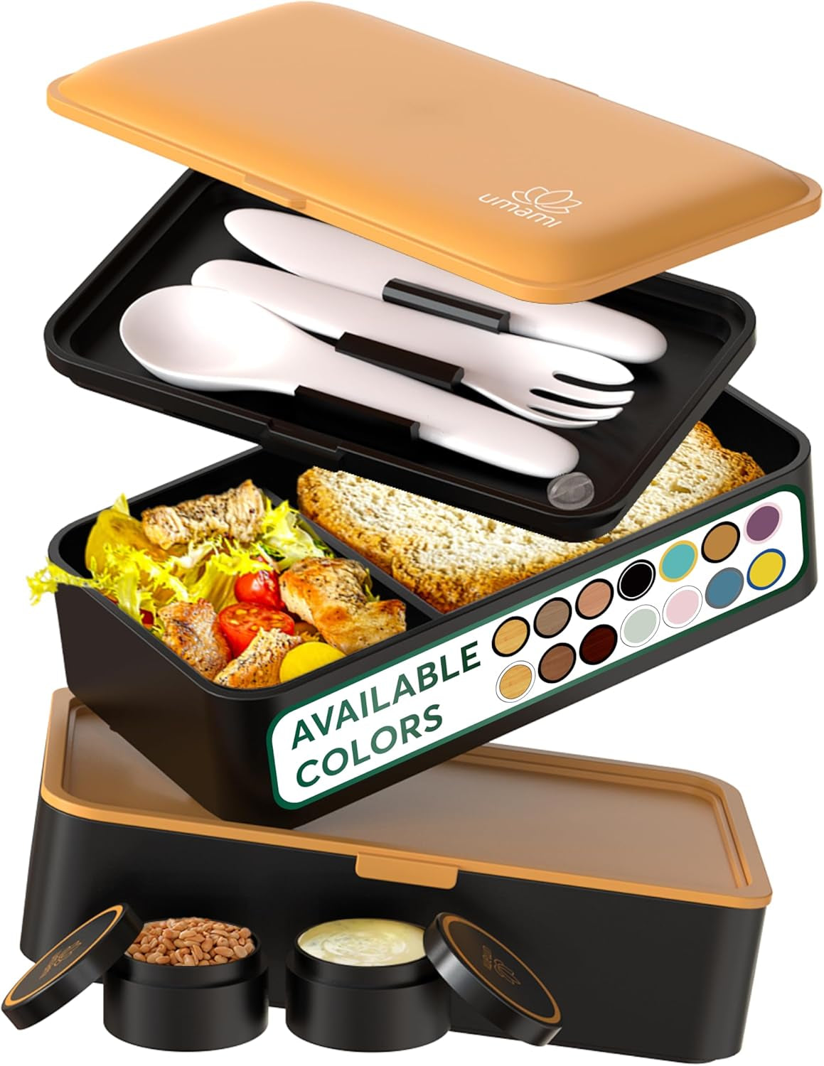Umami Lunchbox för vuxna, läckagesäker stapelbar Bento-låda med 4 bestick och fack, Vuxen Lunchbox, To-Go-salladsbehållare, Picknick-/kontorslunchlåda, kolgrå, 1500 ml