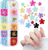 3D-blomma nagelberlocker, 12 rutnät akryl harts blomma och guld silverpärlor nagelstenar, blomgel naglar, blom nagel dekorationer för kvinnor och flickor, DIY manikyr tillbehör
