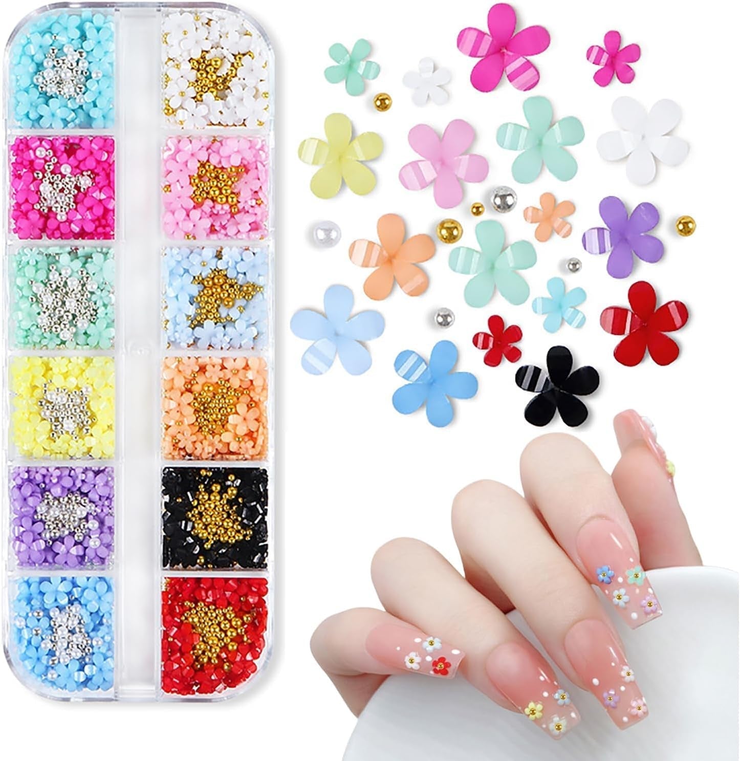 3D-blomma nagelberlocker, 12 rutnät akryl harts blomma och guld silverpärlor nagelstenar, blomgel naglar, blom nagel dekorationer för kvinnor och flickor, DIY manikyr tillbehör