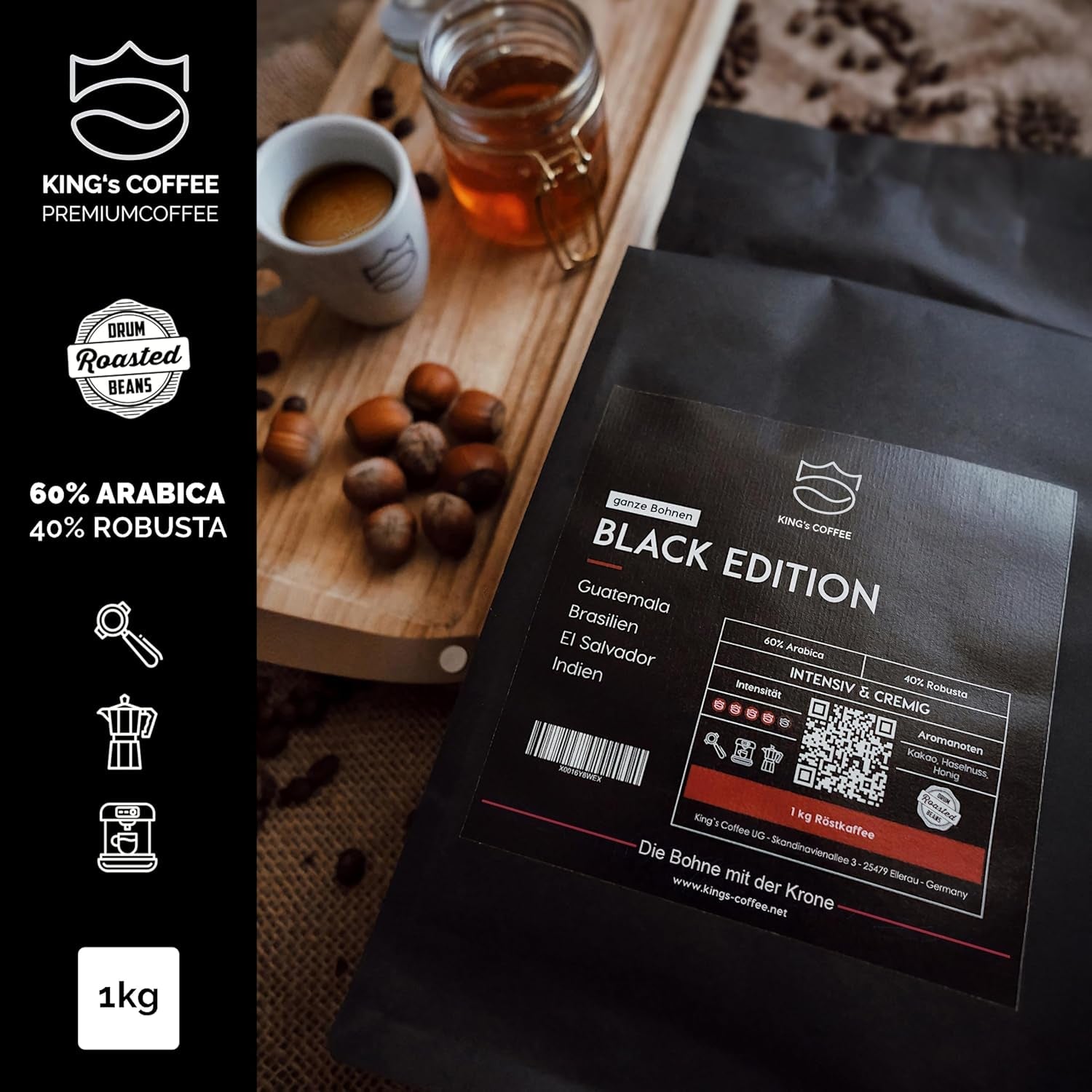 KING'S COFFEE - BLACK EDITION - 1 kg Intense Cream Coffee Beans - Low Acidity Coffee - Small Batch Roast från Italien - Starka Arabica Espressobönor (blandning) för helautomatiska och portafiltermaskiner