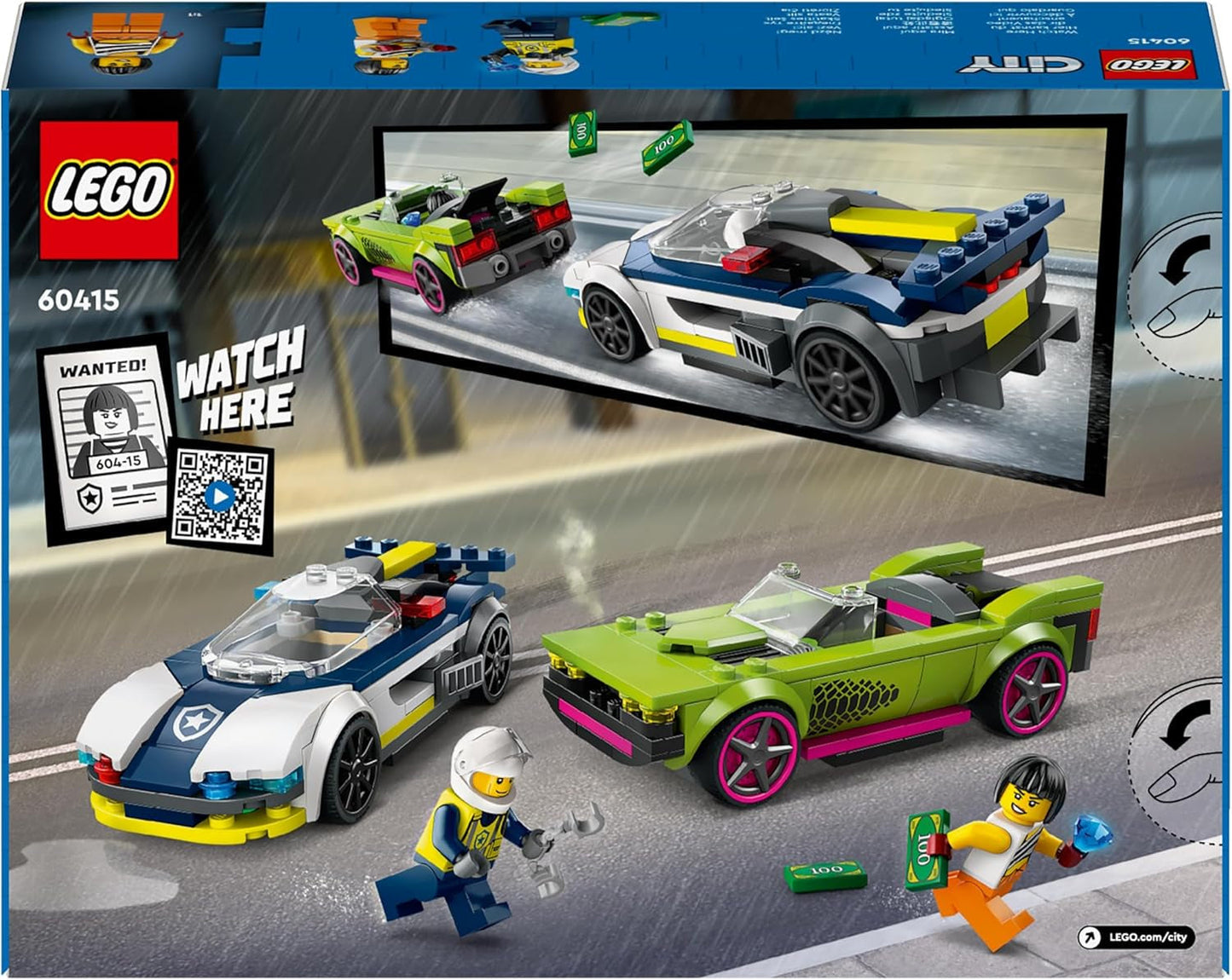 LEGO City Car Chase med polisbil och muskelbil, leksakståg med 2 racerbilar, polispresent för barn, pojkar och flickor från 6 år, set med polis och minifigurer Ganovin 60415 Byggset Besuche den LEGO-Store
