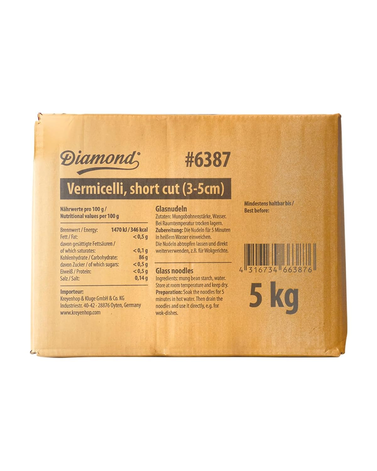 DIAMOND glasnudlar, korta mungbönor stärkelse glasnudlar, naturligt veganska och glutenfria - 1 x 5 kg