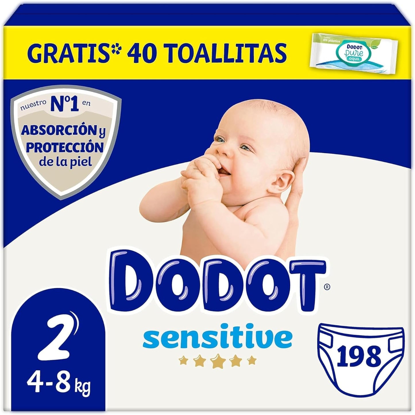 Sensitive babyblöjor storlek 2 (4-8 kg), 198 blöjor + 1 förpackning med 40 gratis rengöringsservetter, total vattenvård, absorberande förmåga och hudskydd, månadspaket