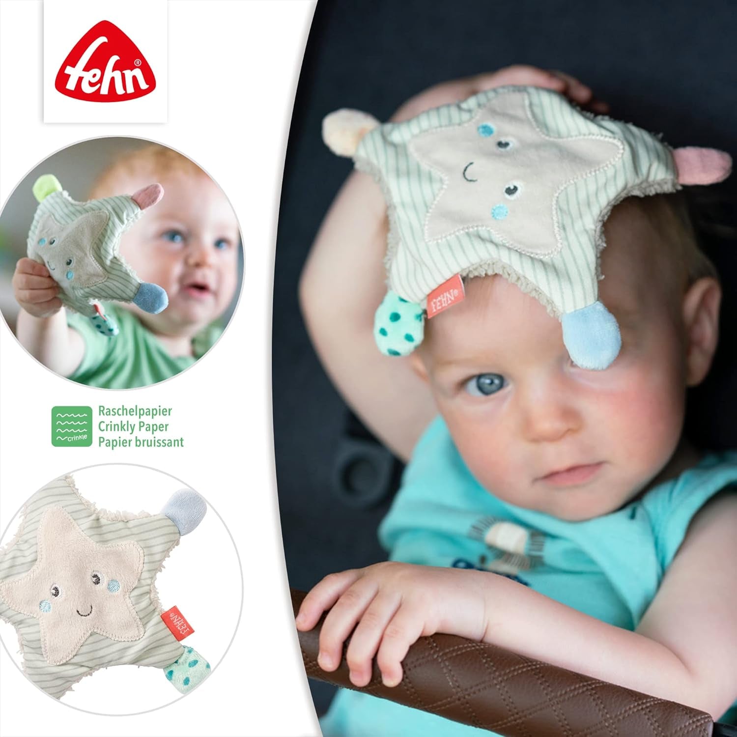 Fehn sprakande sjöstjärna - babyleksak att ta tag i och leka & sprakande leksak för spädbarn och småbarn från 0+ månader & SIGIKID 41179 butterfly grab leksak röd gröna stjärnor Baby Toys Naty Shop
