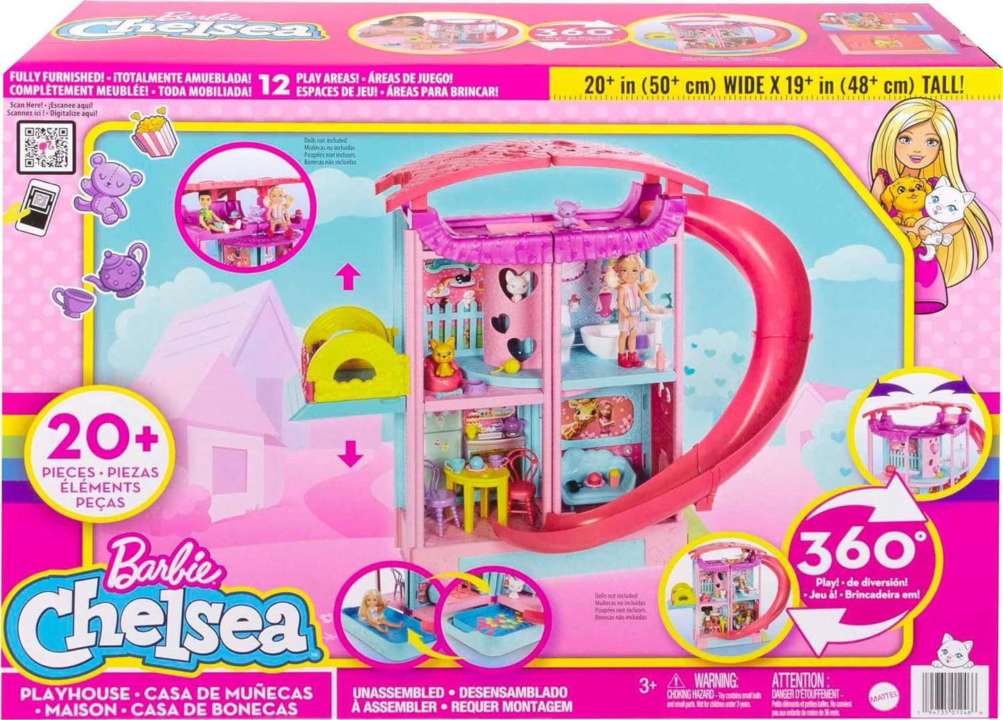 Barbie Chelsea Playhouse - 3 transformerande våningar, hemliga lekområden, hiss, pool, rutschkana, 2 husdjur och 20+ tillbehör, för åldrarna 3+, HHX44 Naty Shop Dollhouses