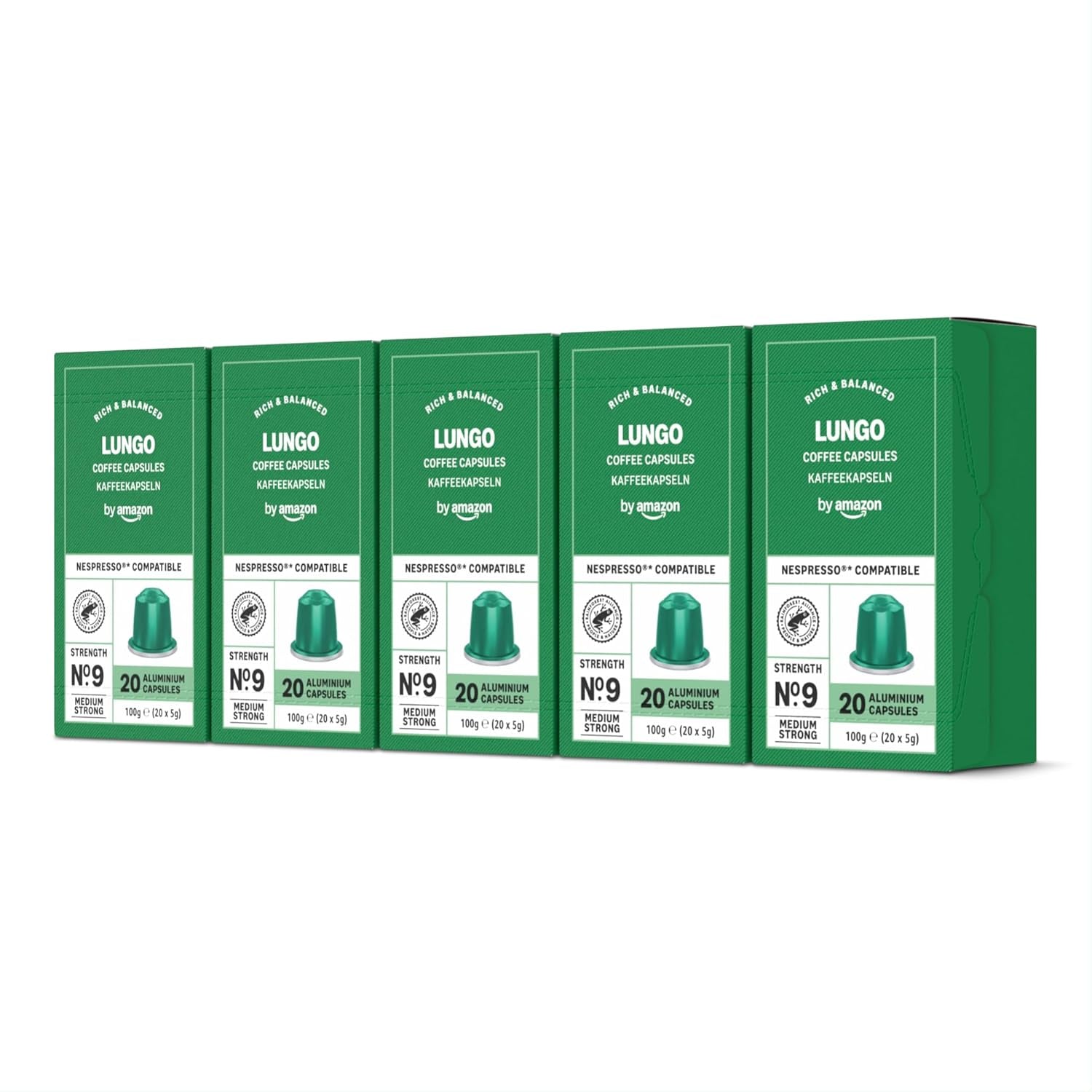 av Amazon Lungo Aluminium-Kaffeekapseln, kompatibel med Nespresso, mittelgeröstet, 100 Stück (5 Packungen mit je 20 Stück) – Rainforest Alliance zertifiziert