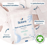 BIOLANE 12 Maxi Squares Wet Pads - Bebisar - 100% Ekologisk - 720 Bomull - för känslig hud - Ombyte och toalettartiklar - från födseln - tillverkad i Frankrike