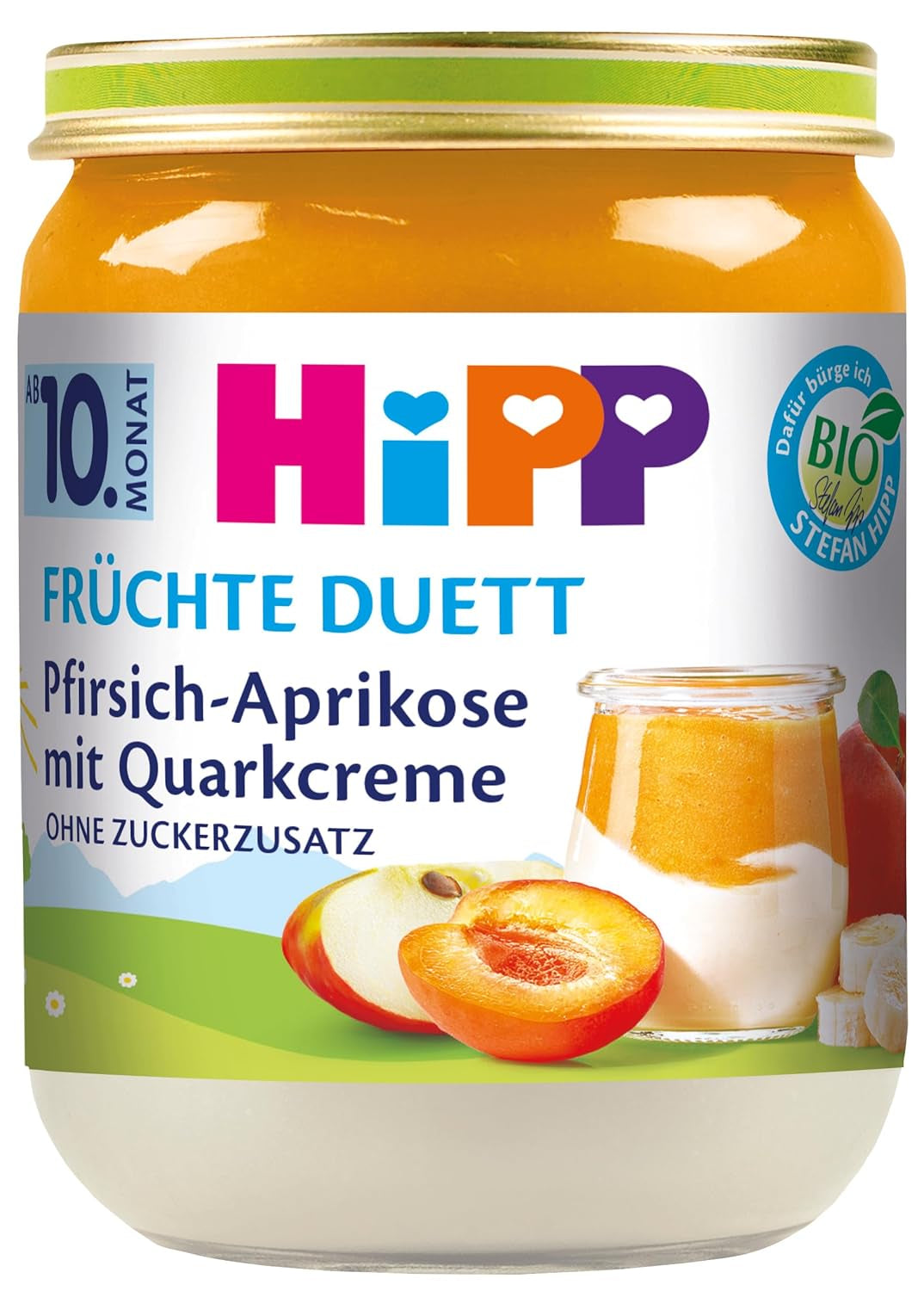 HiPP Persikor-Aprikoser med Quark Cream, Frukt Duett från 10 månader (6 x 160g), utan tillsatt socker, glutenfri, bästa ekologiska kvalitet