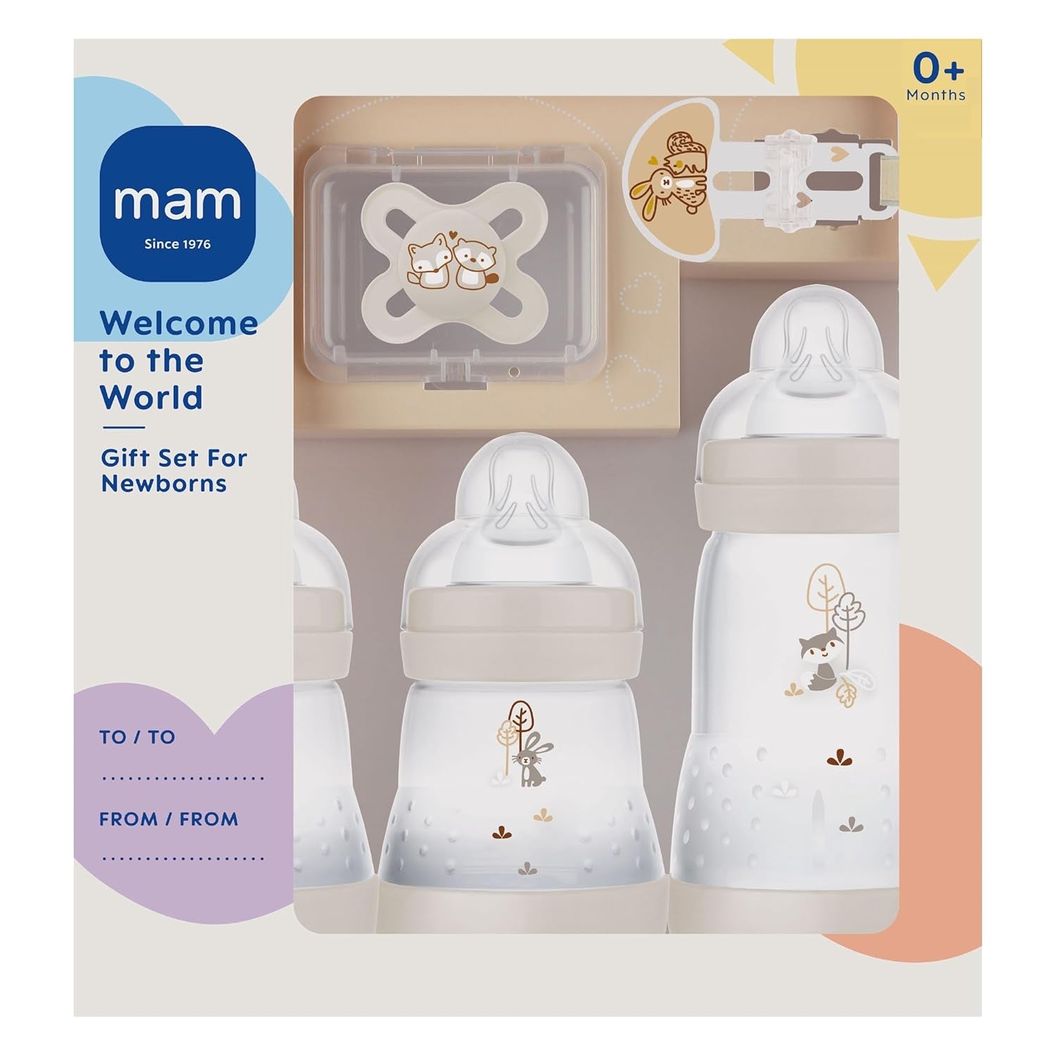 MAM Newborn-set, presentset, bestående av: 2 x Anti-kolik-flaskor 160 ml, 1 x Anti-kolik-flaska 260 ml, 1 x Original Start-napp, 1 x Brosch för napp, från 0 månader, Neutro