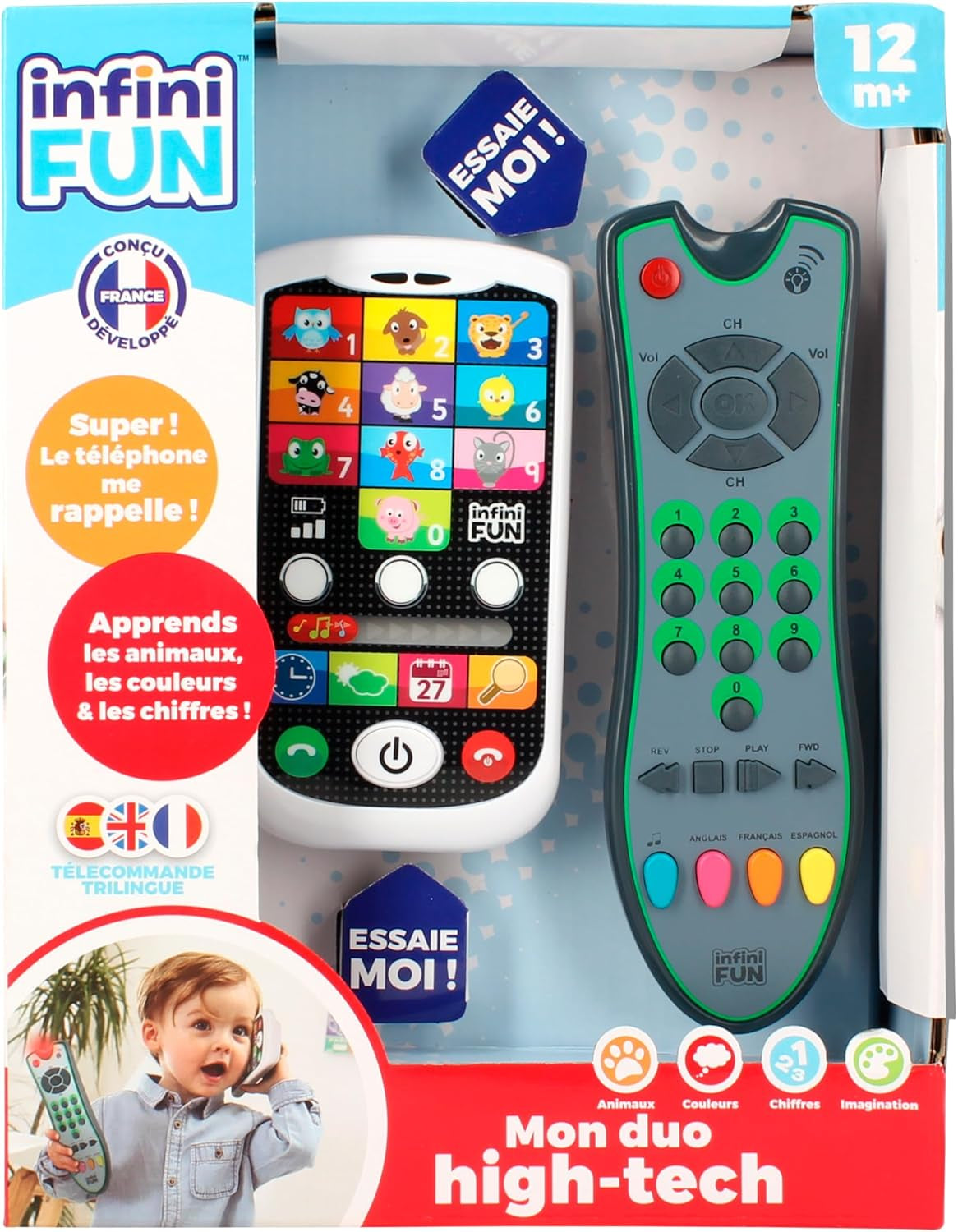 My Duo högteknologisk telefon + fjärrkontroll - 1 trespråkig franska/engelska/spanska fjärrkontroll och 1 ultrarealistisk telefon - multiaktivitetslärande leksak från 12 år gamla leksaker Bebe Naty Shop