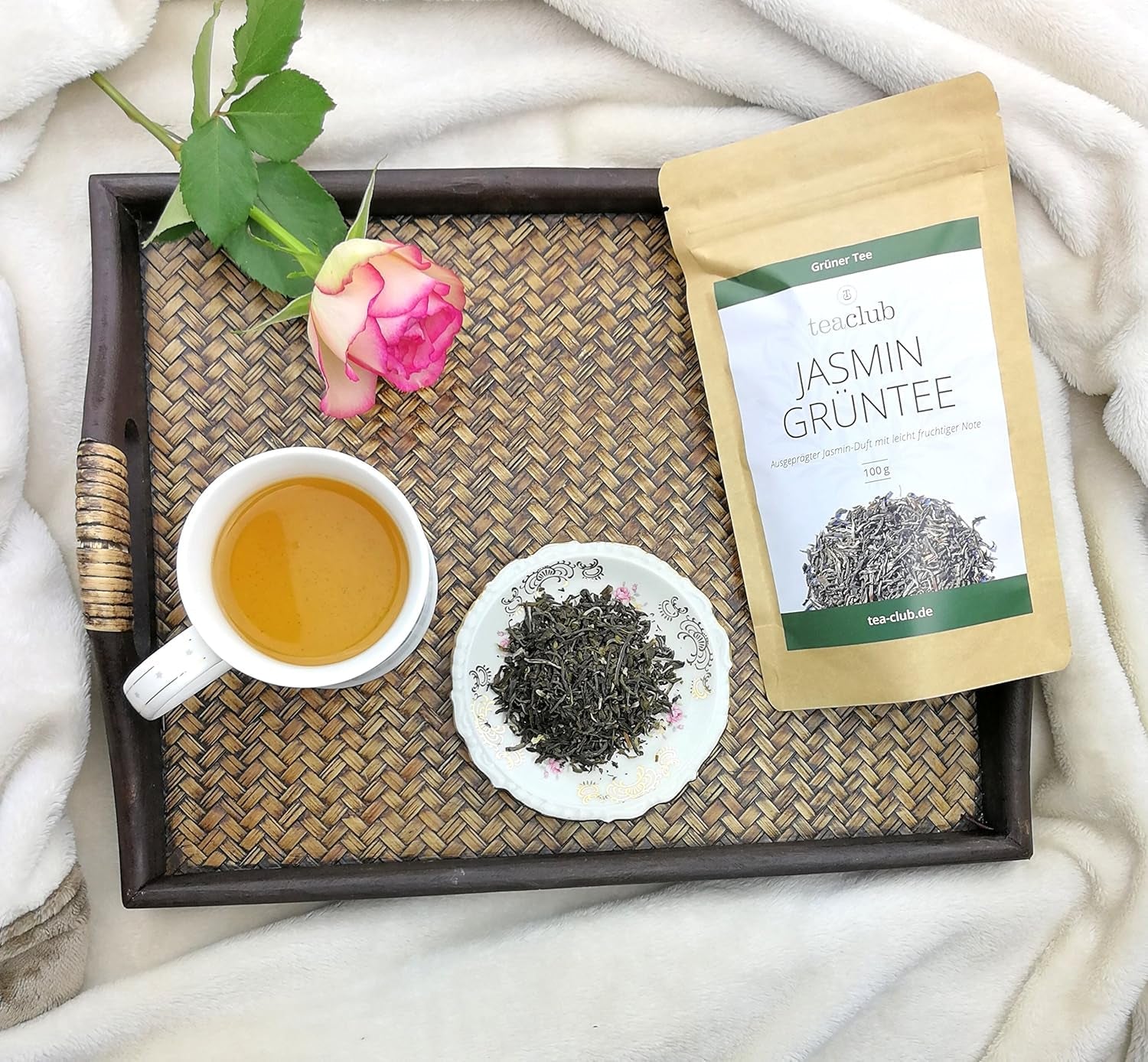 Löst jasminte 100 g, naturligt smaksatt jasminblommagrönt te, jasmingrönt te med en uttalad jasminsmak, Teaclub Green Tea