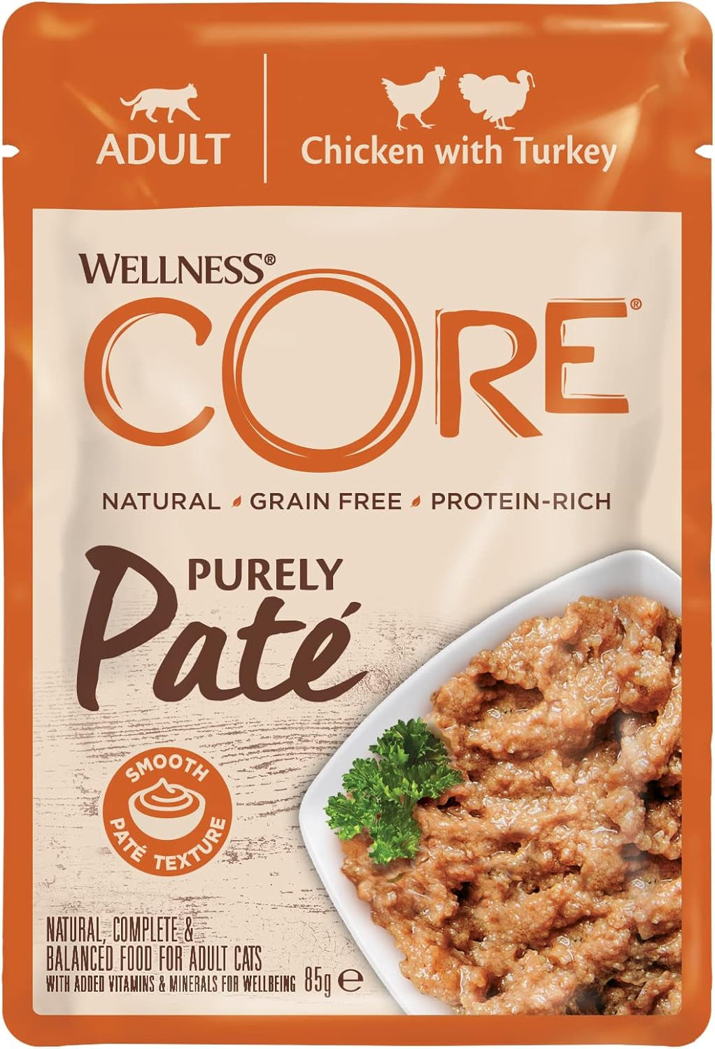 Wellness CORE Purely Paté 24 x 85g, Kyckling och Kalkon - Våtfoder för katter, fin paté, spannmålsfri, naturlig, allergivänlig, proteinrik, hög i kött