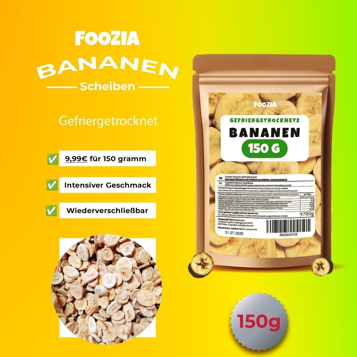 Frystorkade bananer 150g skivor, Frystorkade frukter utan tillsatser Ren - 100% naturlig torkad frukt - Torkade bananer torkad frukt från Foozia Dehydrerade produkter Naty Shop