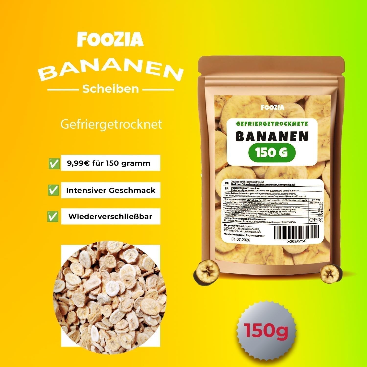 Frystorkade bananer 150g skivor, Frystorkade frukter utan tillsatser Ren - 100% naturlig torkad frukt - Torkade bananer torkad frukt från Foozia Dehydrerade produkter Naty Shop