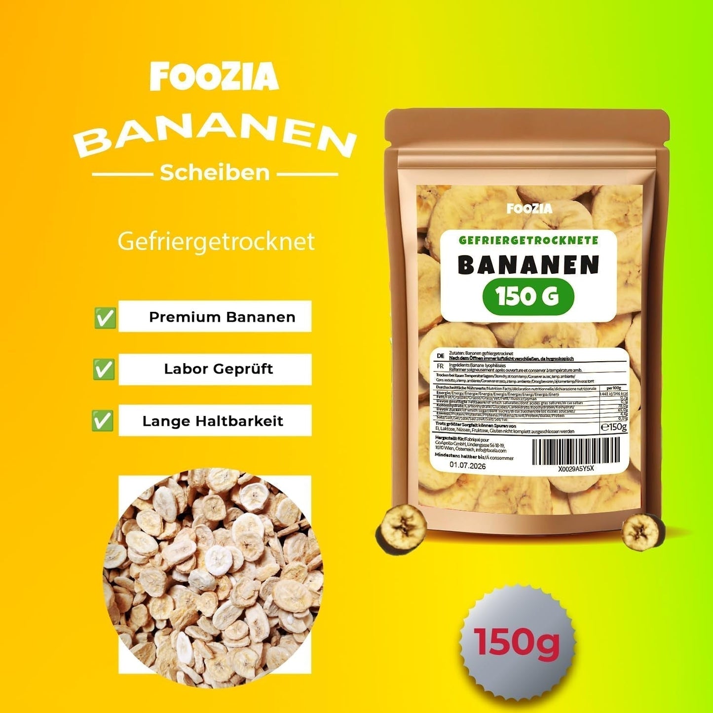Frystorkade bananer 150g skivor, Frystorkade frukter utan tillsatser Ren - 100% naturlig torkad frukt - Torkade bananer torkad frukt från Foozia Dehydrerade produkter Naty Shop