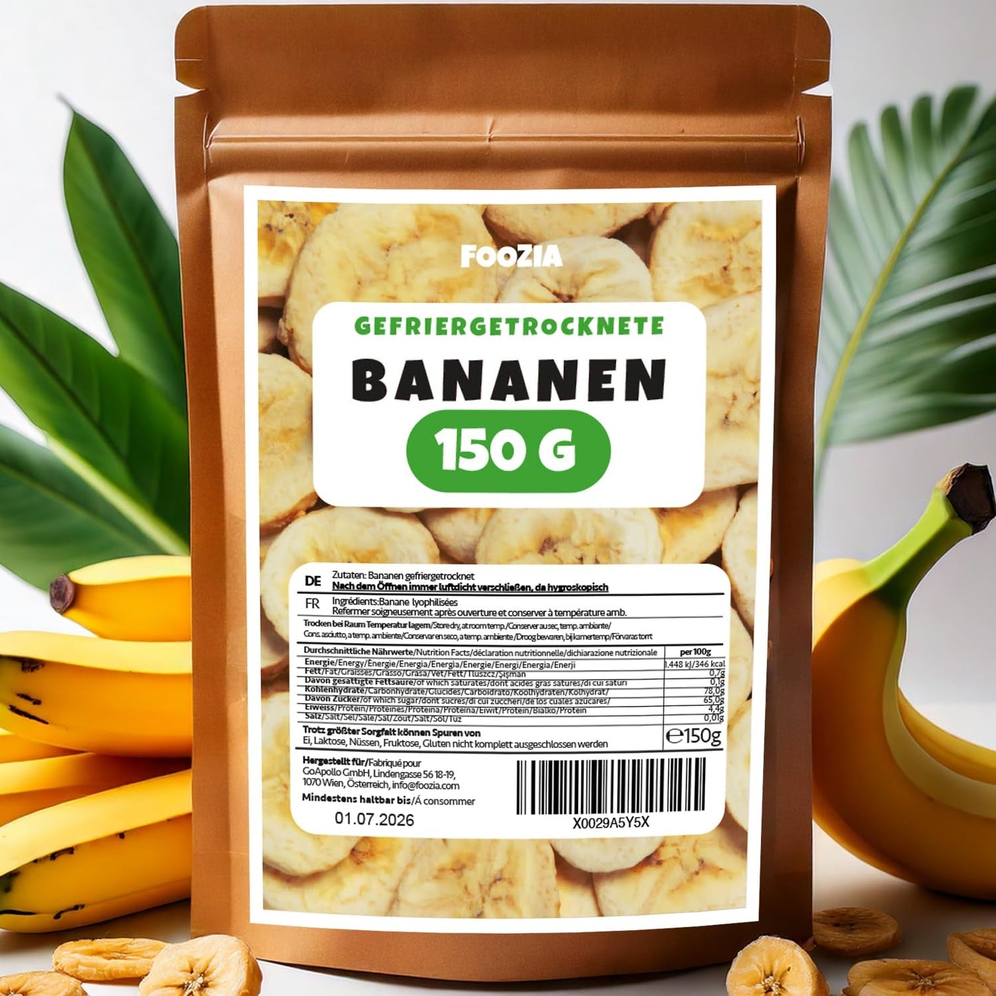 Frystorkade bananer 150g skivor, Frystorkade frukter utan tillsatser Ren - 100% naturlig torkad frukt - Torkade bananer torkad frukt från Foozia Dehydrerade produkter Naty Shop 150G