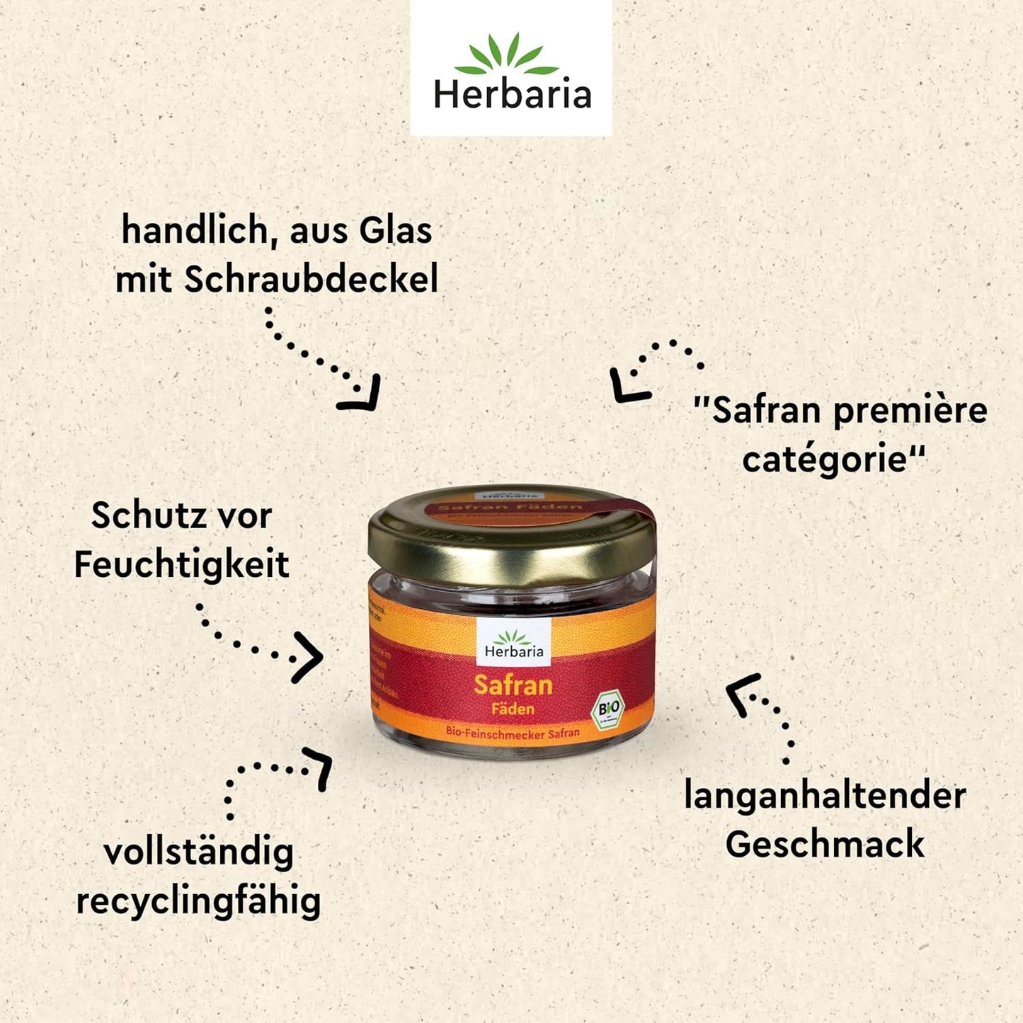 Herbaria Safran-Fäden bio 0,5g im Glas – Bio Saffron-Fäden aus dem bereicht Safran-Ort Taliouine i Marokko – Safranfäden in Premium Bio-Qualität – Saffron Premium - Safran première catégorie