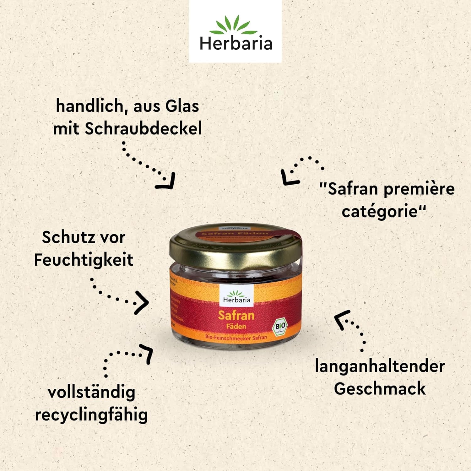 Herbaria Safran-Fäden bio 0,5g im Glas – Bio Saffron-Fäden aus dem bereicht Safran-Ort Taliouine i Marokko – Safranfäden in Premium Bio-Qualität – Saffron Premium - Safran première catégorie