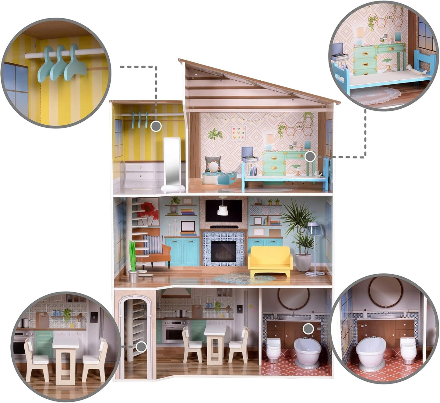 Olivia's Little World Modern medelhavsstil 3-våningars interaktivt dockhus i trä för barn med 17 tillbehör till dockmöbler Flerfärgad TD-13551B