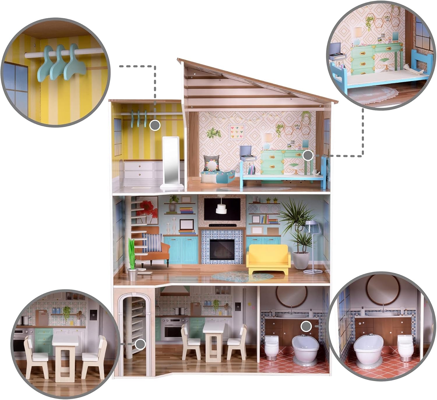 Olivia's Little World Modern medelhavsstil 3-våningars interaktivt dockhus i trä för barn med 17 tillbehör till dockmöbler Flerfärgad TD-13551B