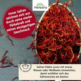 Herbaria Safran-Fäden bio 0,5g im Glas – Bio Saffron-Fäden aus dem bereicht Safran-Ort Taliouine i Marokko – Safranfäden in Premium Bio-Qualität – Saffron Premium - Safran première catégorie