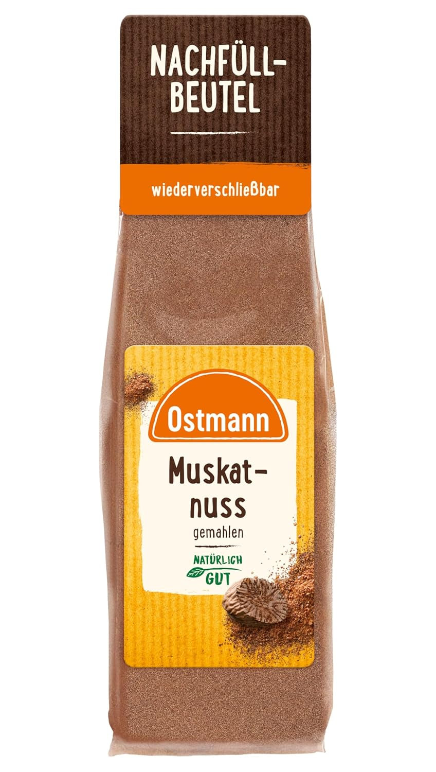 Ostmann Gewürze - Muskatnuss gemahlen | Idealisk för att tillföra smak till potatisrätter Zum Nachfüllen der Streudose | 50 g återförslutningsbar påse