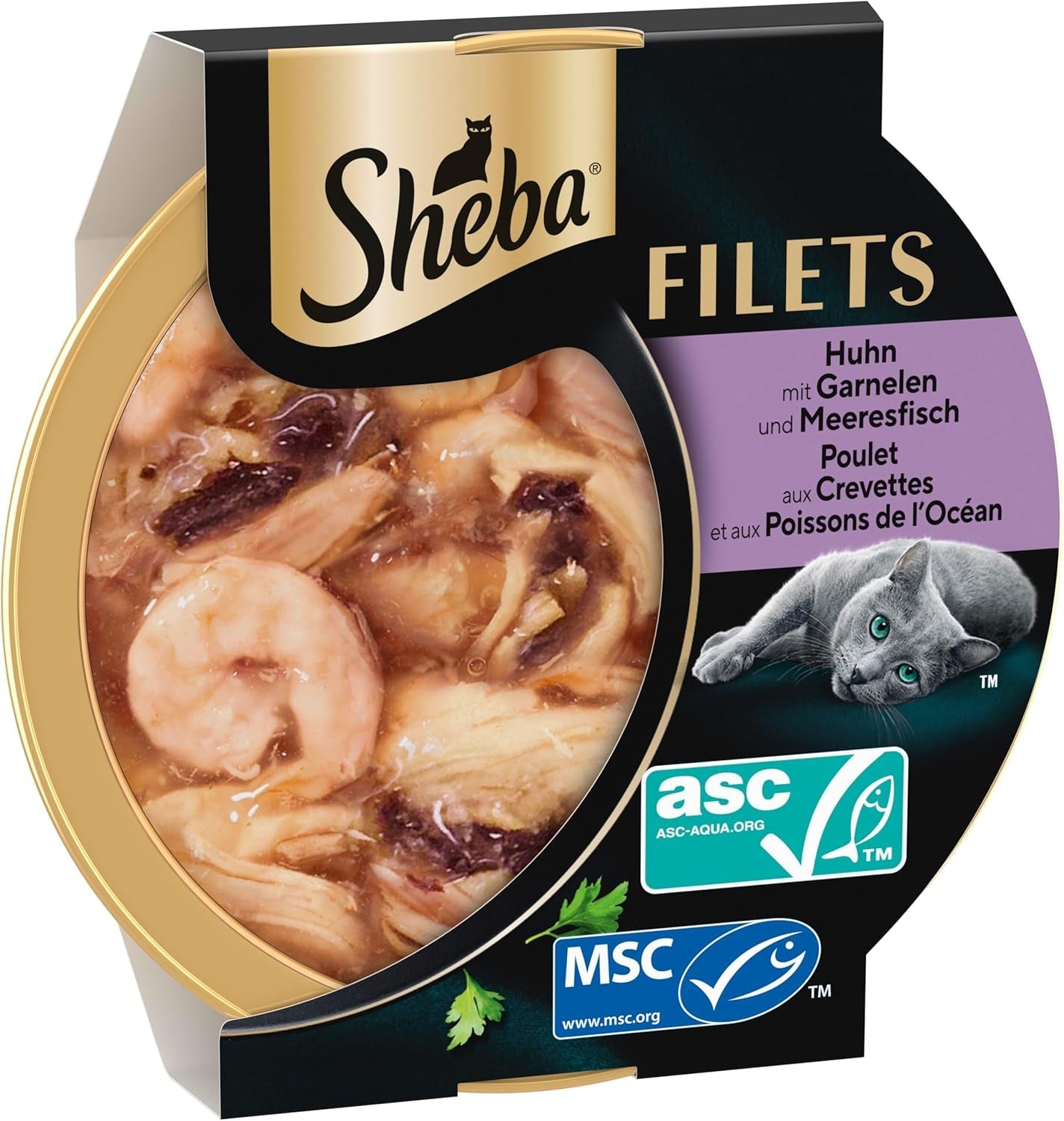 SHEBA filéer vuxen Katzenfutter i sås med kyckling, Hochseefisch och Garnelen 16 x 60 g skal