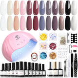 Modelones 35st Gel Nagellack Set, UV Nagellack Set med 48W lampa, Naken Brun Vit Rosa Gel Nagellack Set, UV Gel Nagellack Set med Top Coat Base Nagelstudio Set
