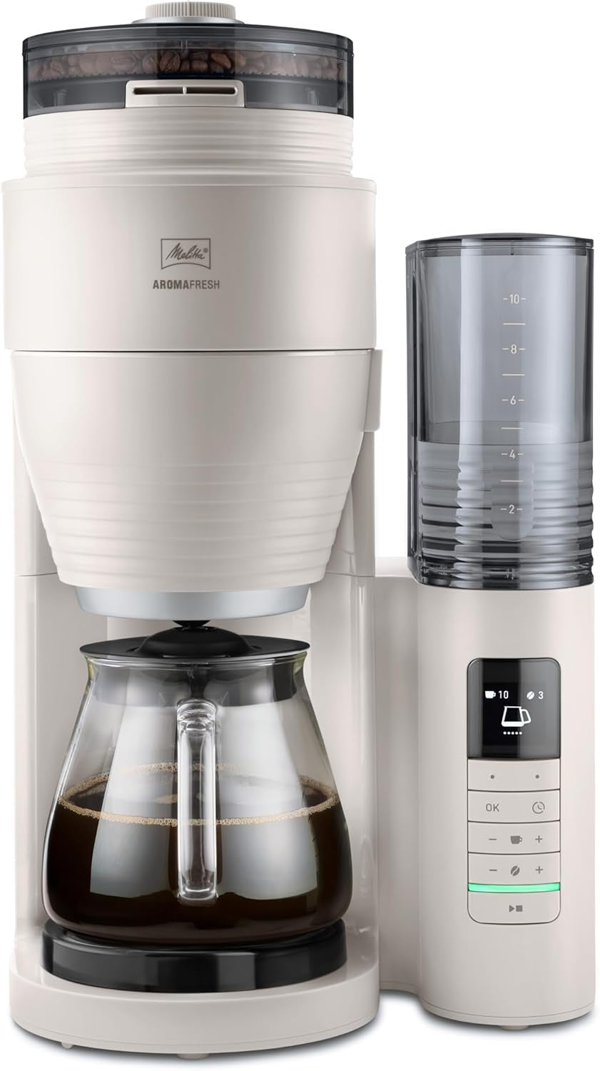 Melitta AromaFresh Therm Pro X - Espressomaskin med filter, integrerad kvarn, avtagbar vattentank, rostfri termokanna och timerfunktion, för upp till 8 koppar kaffe, svart/silver