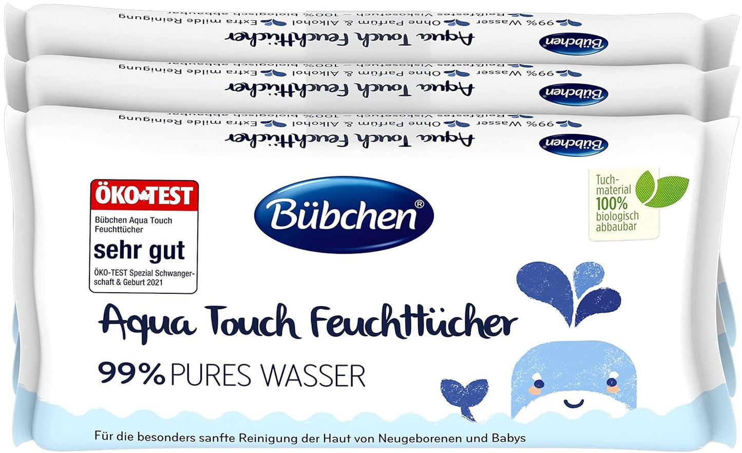 Bübchen Aqua Touch våtservetter för baby 144 delar (3 x 48) - känsliga hudvårdsservetter med 99 % rent vatten, våtservetter för nyfödda och baby