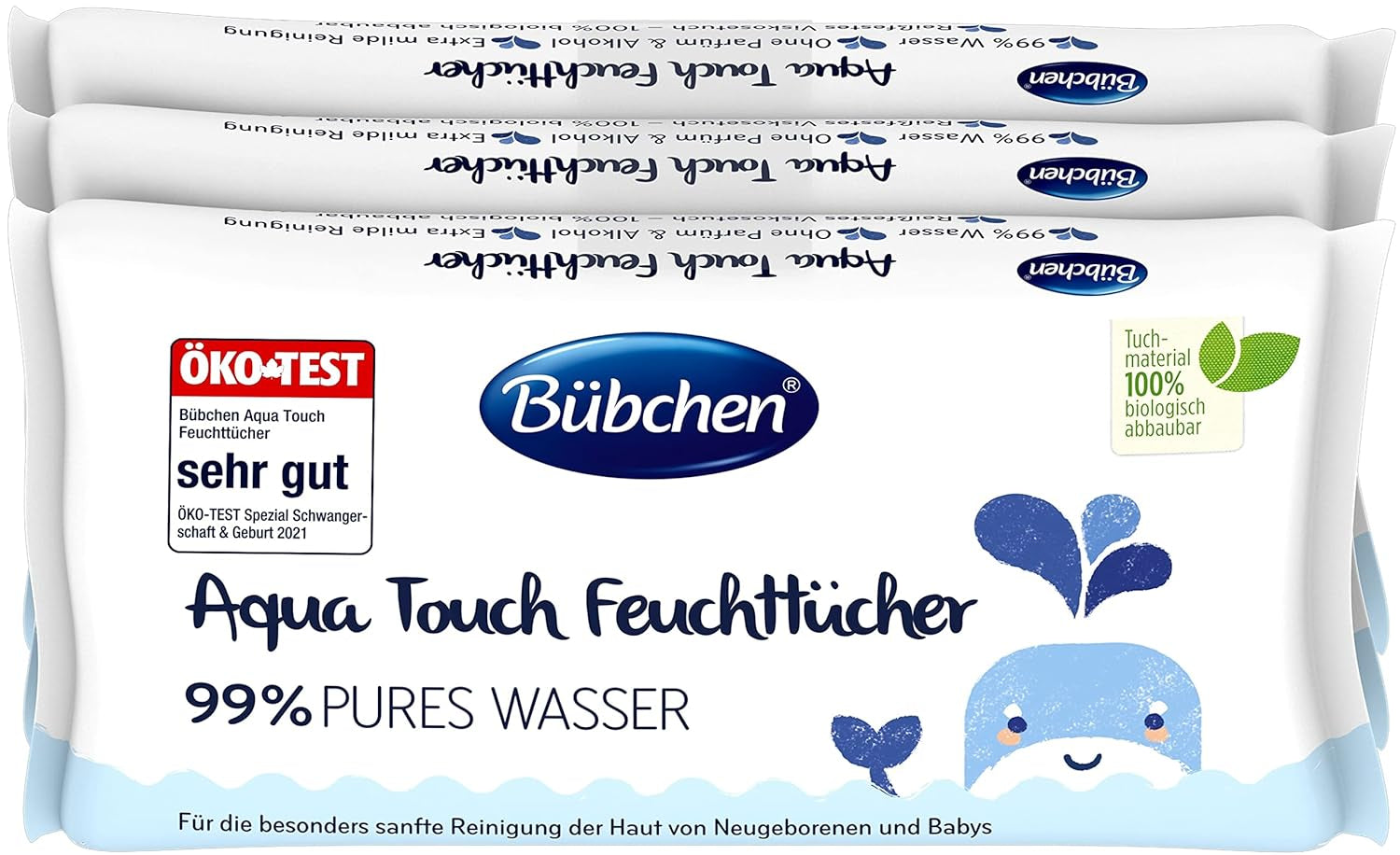 Bübchen Aqua Touch våtservetter för baby 144 delar (3 x 48) - känsliga hudvårdsservetter med 99 % rent vatten, våtservetter för nyfödda och baby