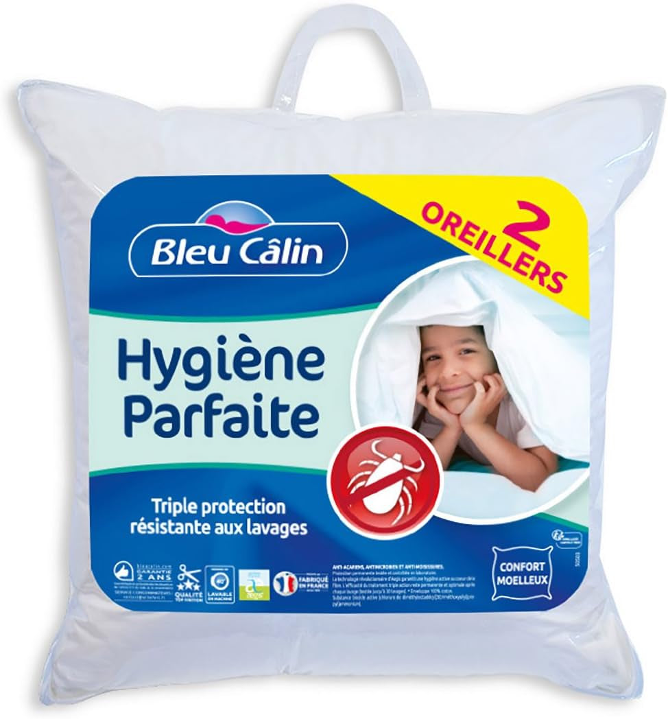 Bleu Câlin Set med 2 rektangulära anti-kvalster, antibakteriella kuddar, fluffig komfort, T 60X60 Cm, 100% bomull, perfekt hygiensortiment Naty Shop standardkuddar