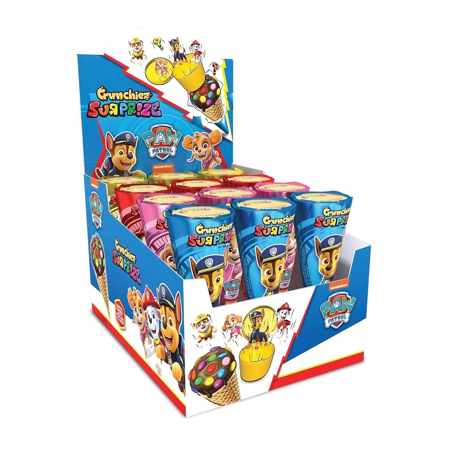Crunchiez Surprise PAW PATROL, chokladhasselnötsfylld glassstrut med en överraskning av hög kvalitet, 12 x 25 g bricka