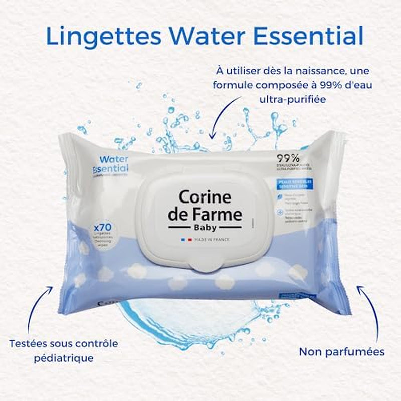 - Change Water Essential babyservetter x70 - Växtfibertoalettprodukt - 99 % ultrarenat vatten - Hygien från födseln - Återförslutningsbart lock