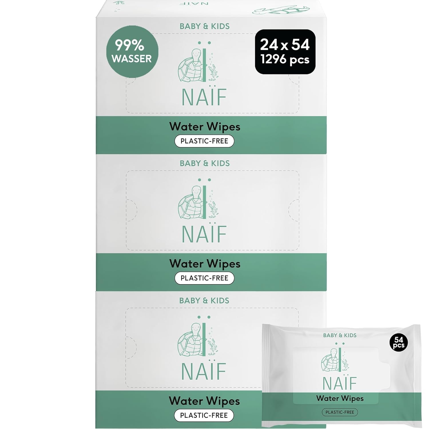 Naïf - Plastfria våtservetter - 1296 stycken (24 stycken X 54 våtservetter) - Babybotten, kropps- och ansiktsvård - 99 % vatten - 0 % doft och alkohol