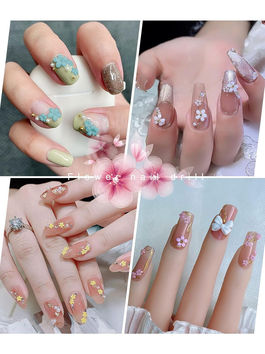 Kalolary Flowers Nail Art Charms, 3D Akryl Blommor för naglar Fem kronblad Blommor Ornament Nagelädelstenar Strasstenar Blandade metallpärlor för DIY Nail Art Design Smyckenstillverkning (2 lådor)