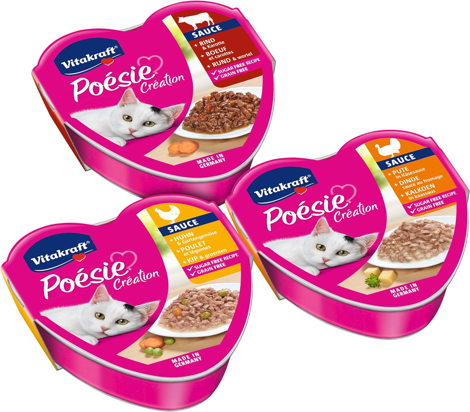 Vitakraft Poésie Création, Tender Selection, Våt kattmat, Våt kattmat i sås, med kyckling, med kalkon, med nötkött, utan tillsatt socker och flingor (1 förpackning om 6 x 85g)