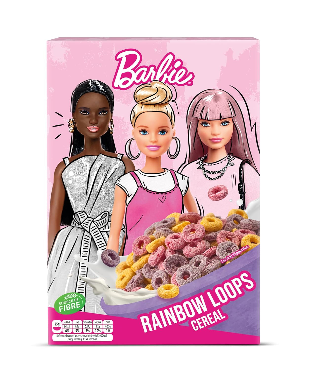 Barbie Rainbow Loops flingor, färgglada ringar av vete, havre och majs med fruktsmak för den perfekta frukosten, 1 förpackning (1 x 350g)